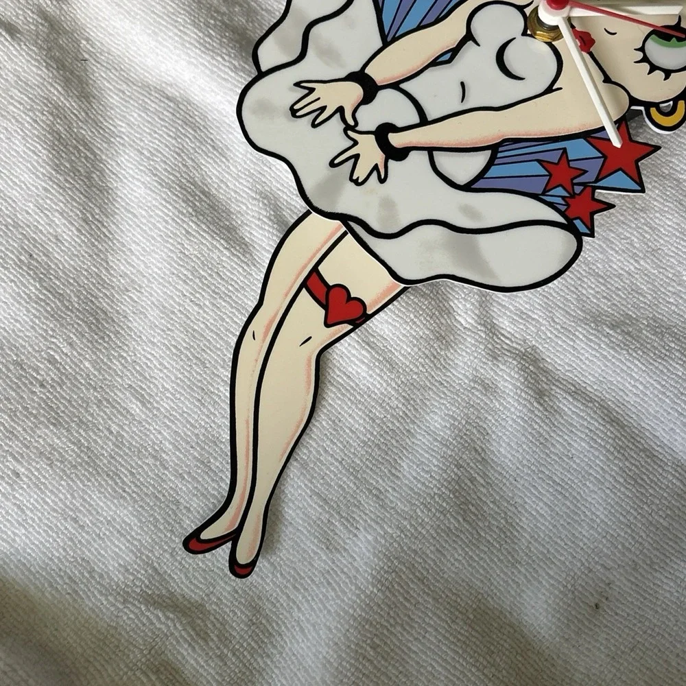 Vintage Betty Boop Clock Pendulum Moving Legs Red and Blue Stars, White Dress
